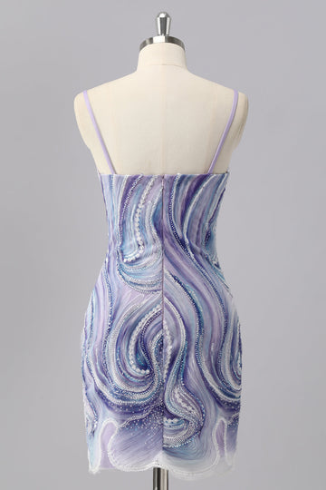 Sparkly Lilac Bodycon Beaded Cocktail Dress with Sequins